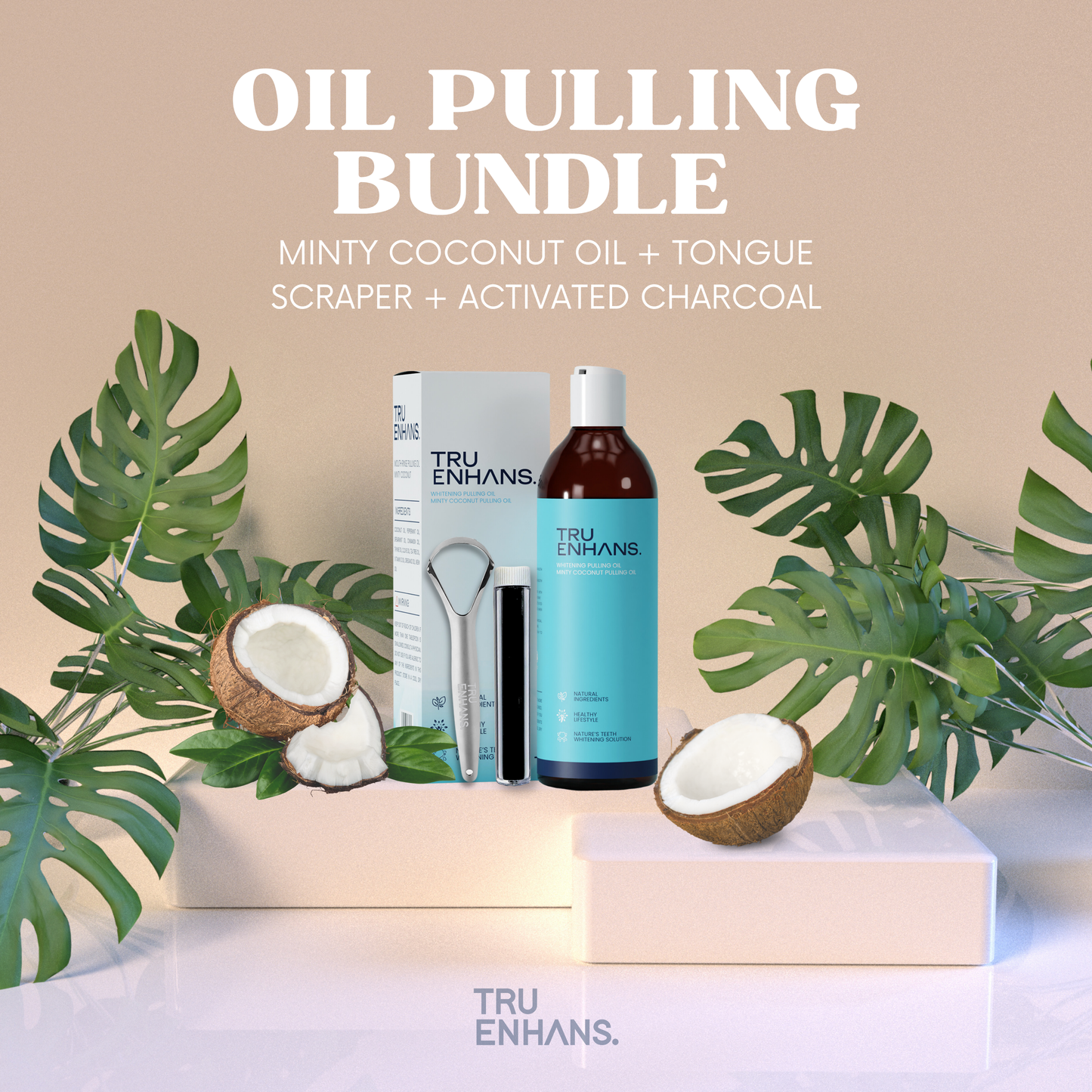 Minty Coconut Oil Pulling Bundle w/ Tongue Scraper and Charcoal